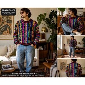 Vintage COOGI 90s 3D Knit Multicolor Sweater Size Large Wool Biggie Hip-Hop RARE